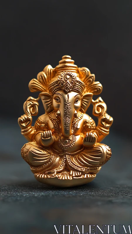 Golden Ganesha statue sits centered on dark textured surface