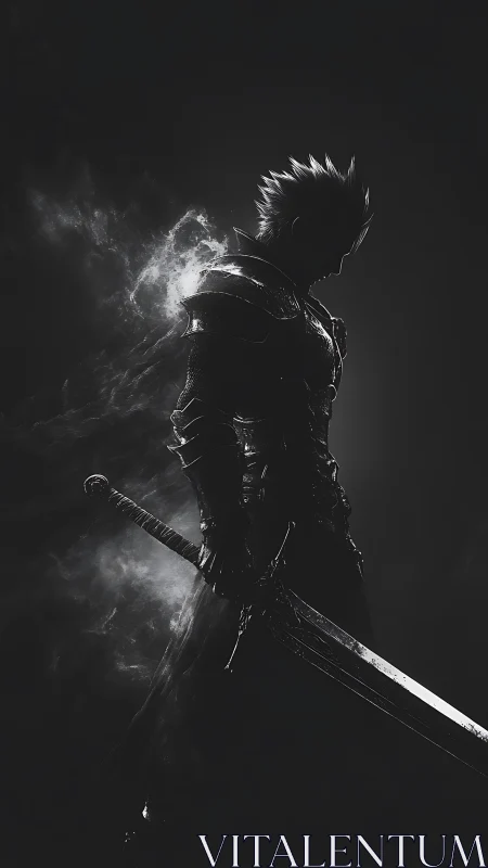 Shadow knight stands in dim light gripping massive sword