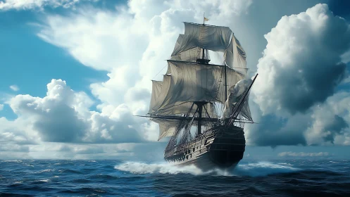 Storm-bound tall ship cleaves sapphire waves toward light.
