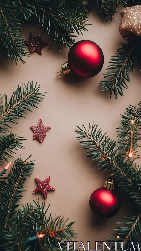 Red ornaments rest amid evergreen branches in soft light