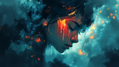 Profile view of female face amid abstract teal clouds.