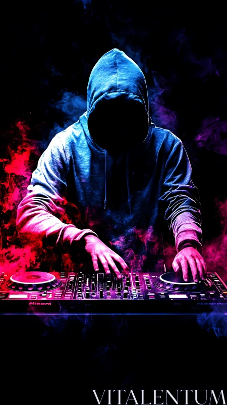 Hooded DJ controlling mixer in vivid neon smoke scene.