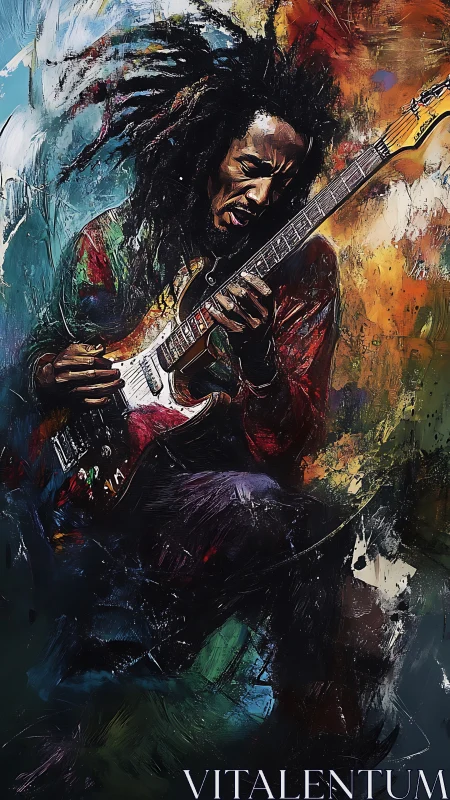 Electric soulstorm guitarist wrapped in blazing color.