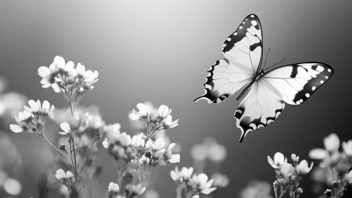 Monochrome butterfly in flight over soft-focused wildflowers