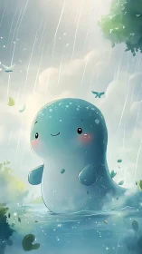 Cute blue creature walks through gentle rainlit forest pond