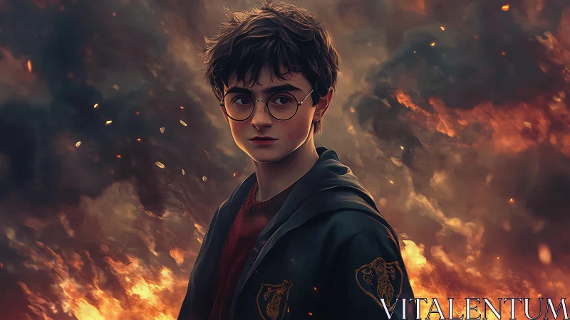 Young figure in dark robe stands before diffuse fire background