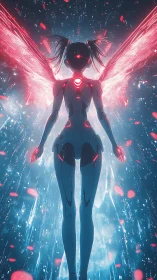 Cybernetic angel ascends through neon-lit digital storm.