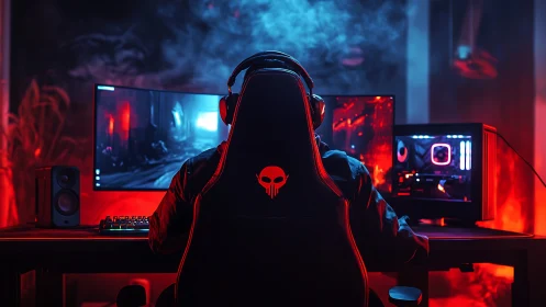 Gamer sits at dual-monitor RGB battlestation in red-blue light