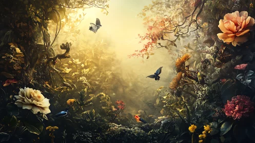 Sunlit garden glows as butterflies and songbirds wander