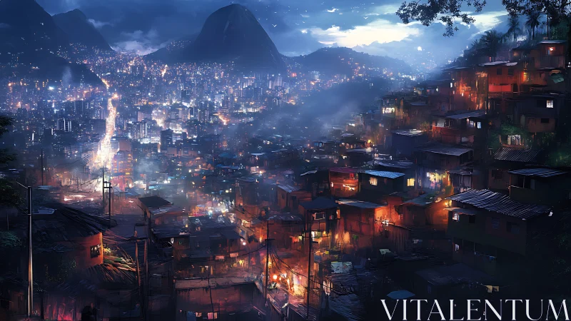 Hillside shantytown ignites against a glittering neon metropolis.