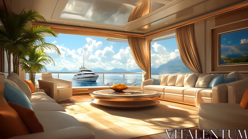 Sunlit yacht lounge opening onto calm blue island waters.