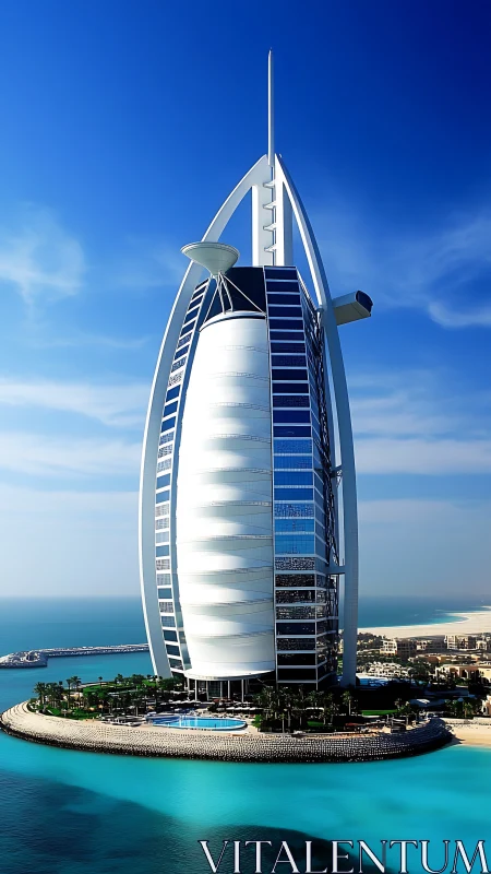 Sail-shaped offshore tower stands on artificial island shoreline