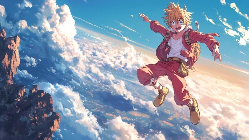 High altitude anime boy midair leap above sunlit clouds