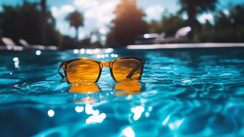 Polarized amber sunglasses floating on sunlit rippled pool surface