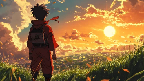 Figure in red suit stands in tall grass facing low sun