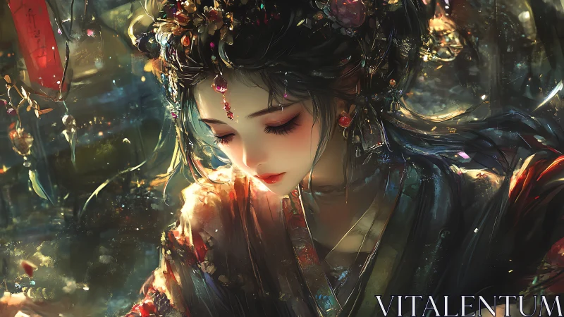 Ethereal courtesan in jeweled hanfu under lantern glow.