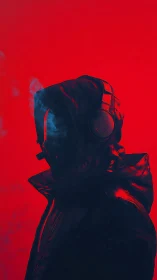 Hooded figure in headphones against uniform red field.