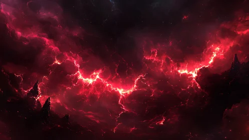 Volcanic red energy clouds over dark jagged landscape.