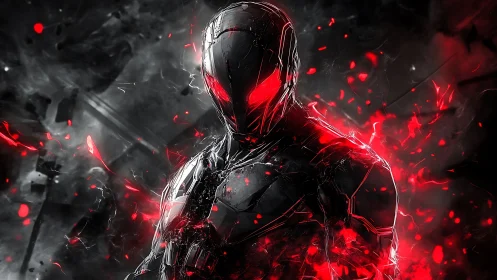 Armored humanoid figure with red energy in dark setting.