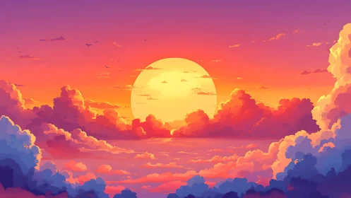 Vibrant digital sunset over stylized clouds in warm gradients.