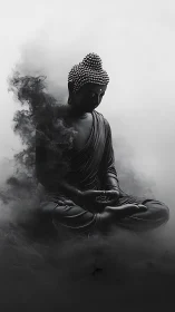Monochrome Buddha sculpture in enveloping smoke composition.