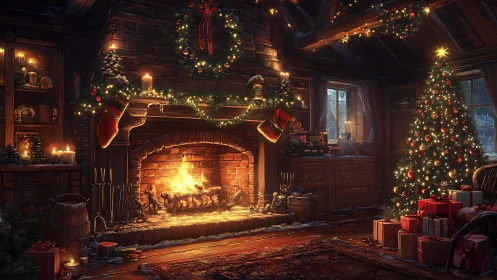 Cozy Christmas fireplace glows beside decorated tree.