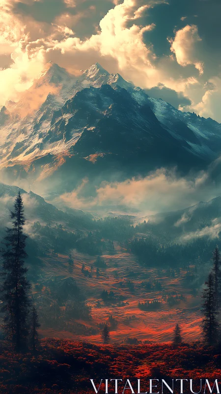 High-contrast alpine massif above surreal crimson valley floor