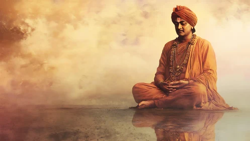 Meditative monk in saffron robes over reflective water plane.