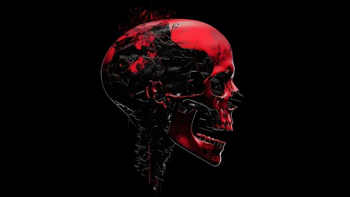 Red biomechanical skull profile with fractured metallic textures