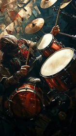 Overhead dynamic portrait of drummer with textured drum kit