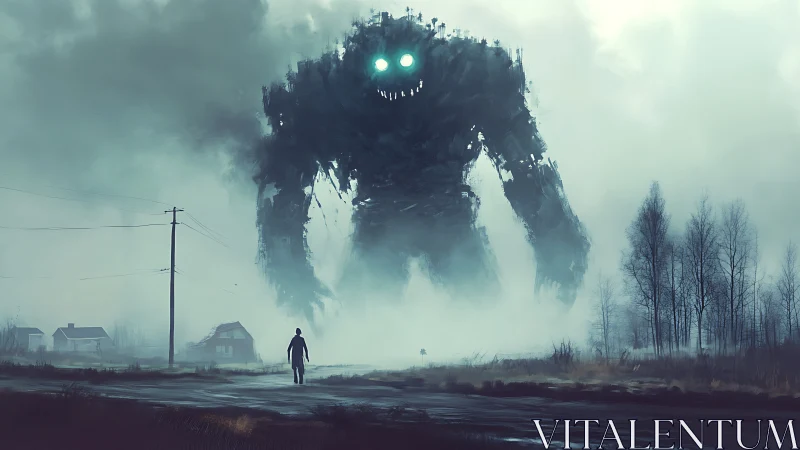 Fogbound colossus confronting lone wanderer in wasteland.