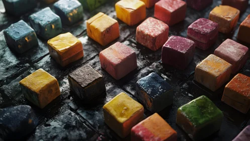 Macro study of wet pigment cubes on reflective studio surface.