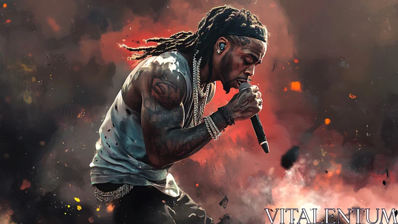 Fiery hip hop performance bathed in glowing stage light.