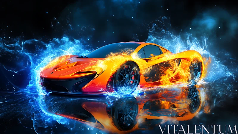 Flame-encapsulated hypercar in aqueous plasma turbulence field.