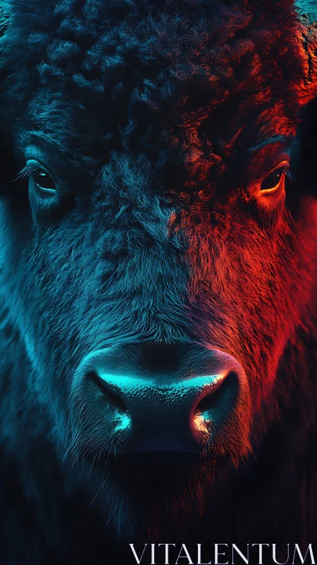 Neon bison stares through electric dusk and ember dawn.