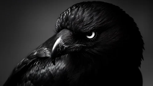 Dramatic black raven close-up in dark moody lighting, fine art style.