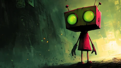 Neon-eyed alley robot wonders who switched off the stars