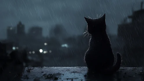 Rain-soaked rooftop cat guarding the midnight city hush.