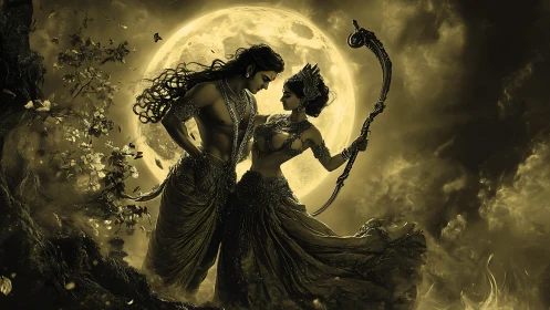 Mythic lovers in moonlit celestial storm with golden haze.