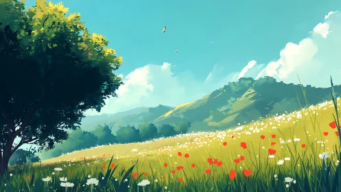 Vast sunlit meadow with wildflowers before distant hills