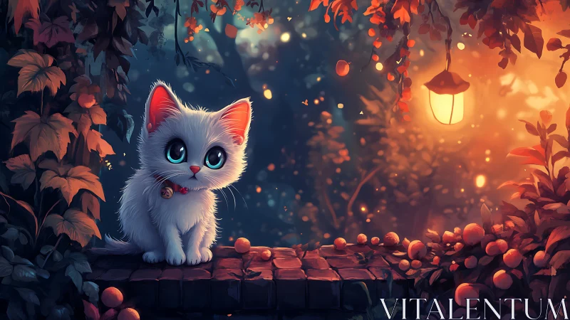 White Kitten in Autumn Garden at Dusk.