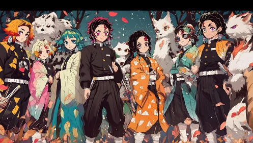 Anime swordsmen stand in forest with large white fox creatures