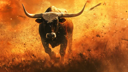 Fiery horned bull charges forward through swirling golden dust