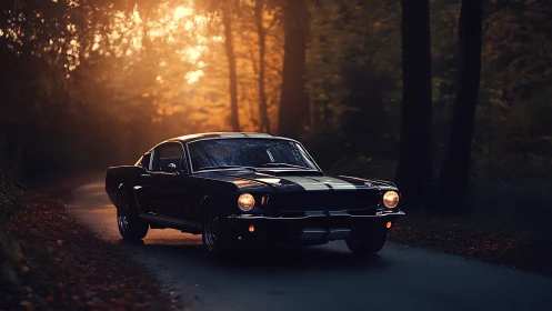 Photorealistic classic fastback on dusk forest roadway.