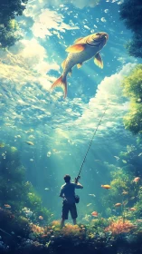 Dreamy underwater angler gazes up at a glowing golden fish