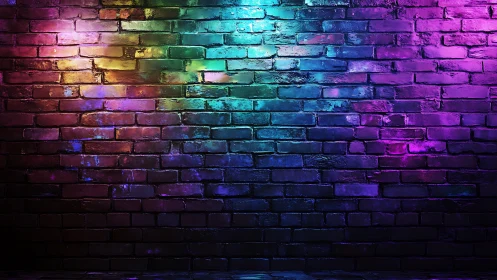 Colorful neon light on textured brick wall background.