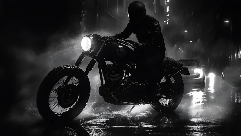 Café racer motorcycle in rainy night urban street backlight