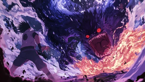 Ninja confronts colossal flaming beast in turbulent wave clash