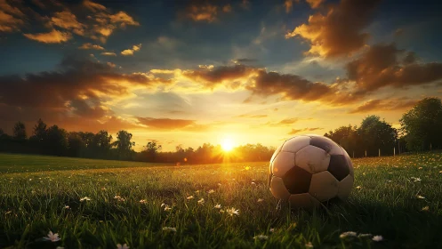 Soccer ball rests on dewy field under blazing sunset sky.