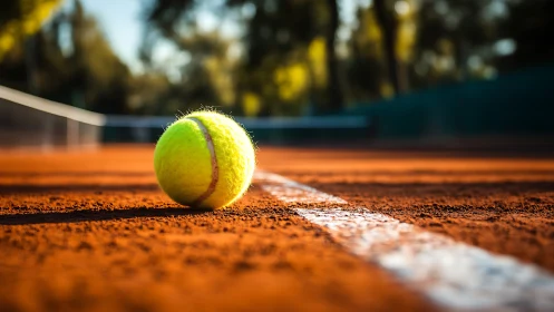 Bright tennis ball rests on sunlit clay court baseline